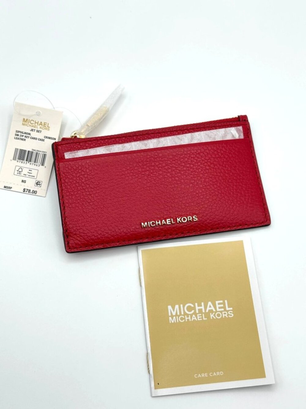 Michael Kors Jet Set Small Crimson Red Leather Zip Key Card Case NWT